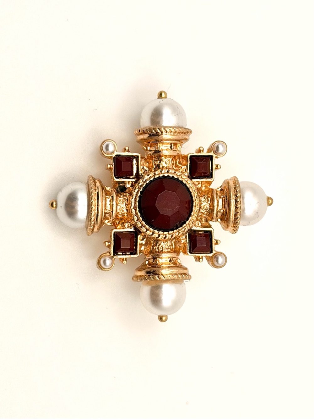 Gold-Tone Cross Brooch with Garnet Colored Red Stones and Pearls - Designer